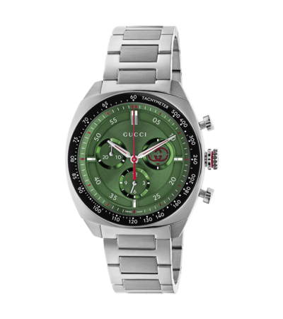 Front view of Gucci Interlocking YA142318 chronograph with green dial and black ceramic bezel.