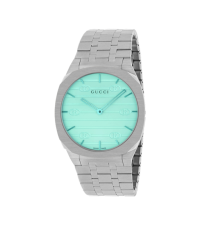Gucci 25H watch with blue dial and stainless steel bracelet