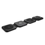 EQ 4 in 1 Magnetic Wireless Charging Pad EQ-W405 in Black charging a phone, watch, and earbuds.