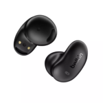 Belkin SoundForm Anywhere Earbuds in black show the slim charging case and key rings.