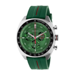 Men's Gucci Interlocking watch with green dial and green rubber strap.