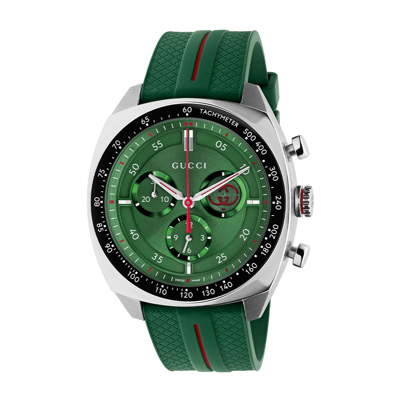 gucci-interlocking-watch-green-ya142319-view Men's Gucci Interlocking watch with green dial and green rubber strap.