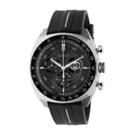 Gucci Interlocking 41mm men's watch featuring a stainless steel case, black dial with small seconds, and black rubber strap.