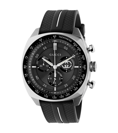 Gucci Interlocking 41mm men's watch featuring a stainless steel case, black dial with small seconds, and black rubber strap.
