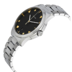 Gucci G-Timeless 38mm men's watch with black dial featuring bee and star motifs on a stainless steel bracelet.