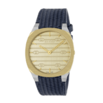 Gucci 25H unisex watch with golden dial and blue leather strap
