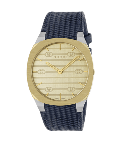 Gucci 25H unisex watch with golden dial and blue leather strap