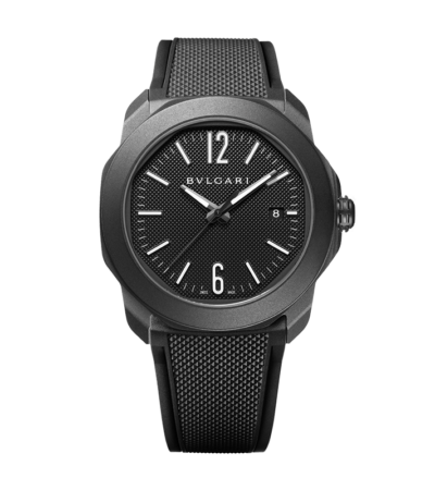 Bvlgari Octo Roma Automatic 41mm black DLC steel watch with Clous de Paris dial.