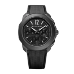 Bvlgari Octo Roma Chronograph watch with black 42mm dial and rubber strap.