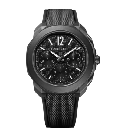 Bvlgari Octo Roma Chronograph watch with black 42mm dial and rubber strap.