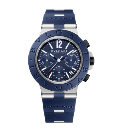 Bvlgari Aluminium 41mm chronograph watch with blue rubber strap and blue dial