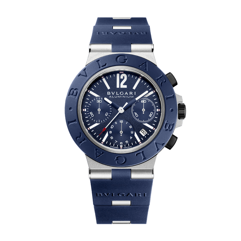 bvlgari-aluminium-chronograph-blue-104234 Bvlgari Aluminium 41mm chronograph watch with blue rubber strap and blue dial