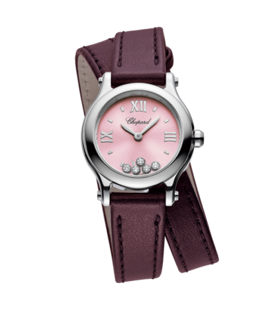 Chopard Happy Sport women's watch with pink dial and floating diamonds
