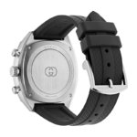 Gucci Interlocking 41mm men's watch featuring a stainless steel case, black dial with small seconds, and black rubber strap.