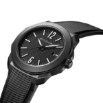 Bvlgari Octo Roma Automatic 41mm black DLC steel watch with Clous de Paris dial.