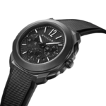 Bvlgari Octo Roma Chronograph watch with black 42mm dial and rubber strap.