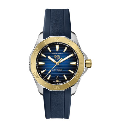 TAG Heuer Aquaracer Professional 200 watch with blue dial and 18K yellow gold bezel