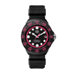 TAG Heuer Formula 1 Solargraph 38mm watch with a black dial and pink accents on black rubber strap.