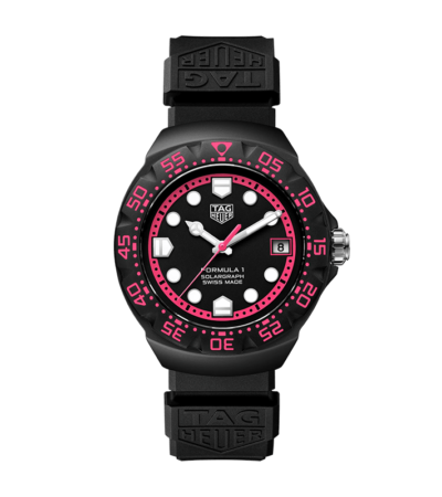 TAG Heuer Formula 1 Solargraph 38mm watch with a black dial and pink accents on black rubber strap.