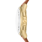 Close-up of a men's gold-tone chronograph watch with a cream dial and brown leather strap.