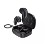 Belkin SoundForm Anywhere Earbuds in black show the slim charging case and key rings.