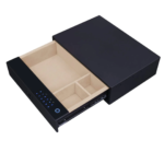 Internal smart safe drawer showing fingerprint scanner and digital keypad