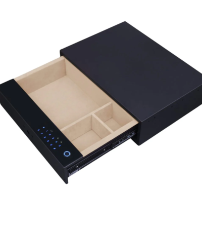 Internal smart safe drawer showing fingerprint scanner and digital keypad