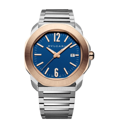 Bvlgari Octo Roma watch with 18K rose gold bezel and blue Clous de Paris dial