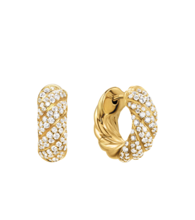 Pair of David Yurman sculpted cable hoop earrings in 18K yellow gold with diamond accents.