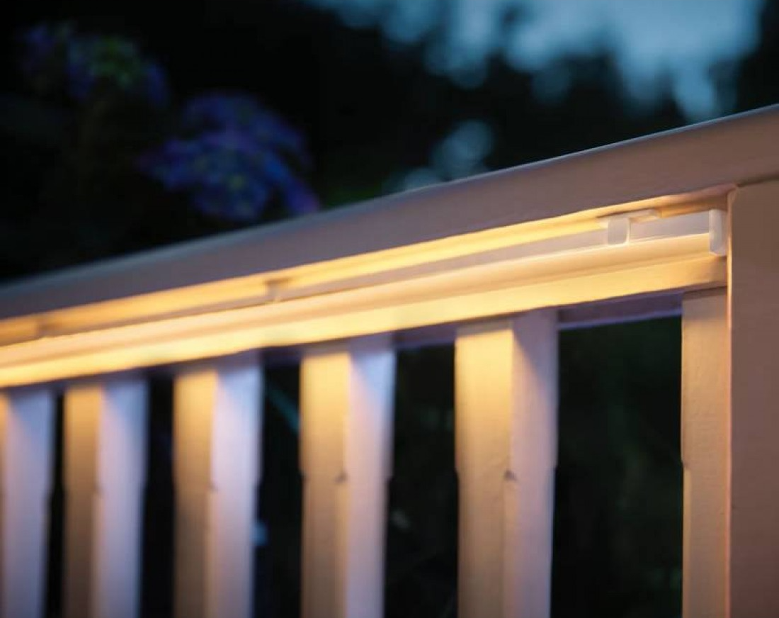 Philips Hue 5-metre outdoor light strip installed along a garden fence