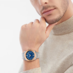 Bvlgari Octo Roma watch with 18K rose gold bezel and blue Clous de Paris dial