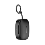 Belkin SoundForm Anywhere Earbuds in black show the slim charging case and key rings.