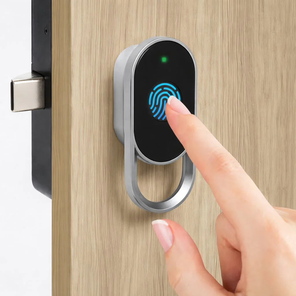 smart-drawer-lock-fingerprint-password-zinc-alloy A sleek silver and black smart lock installed on a wooden office drawer.