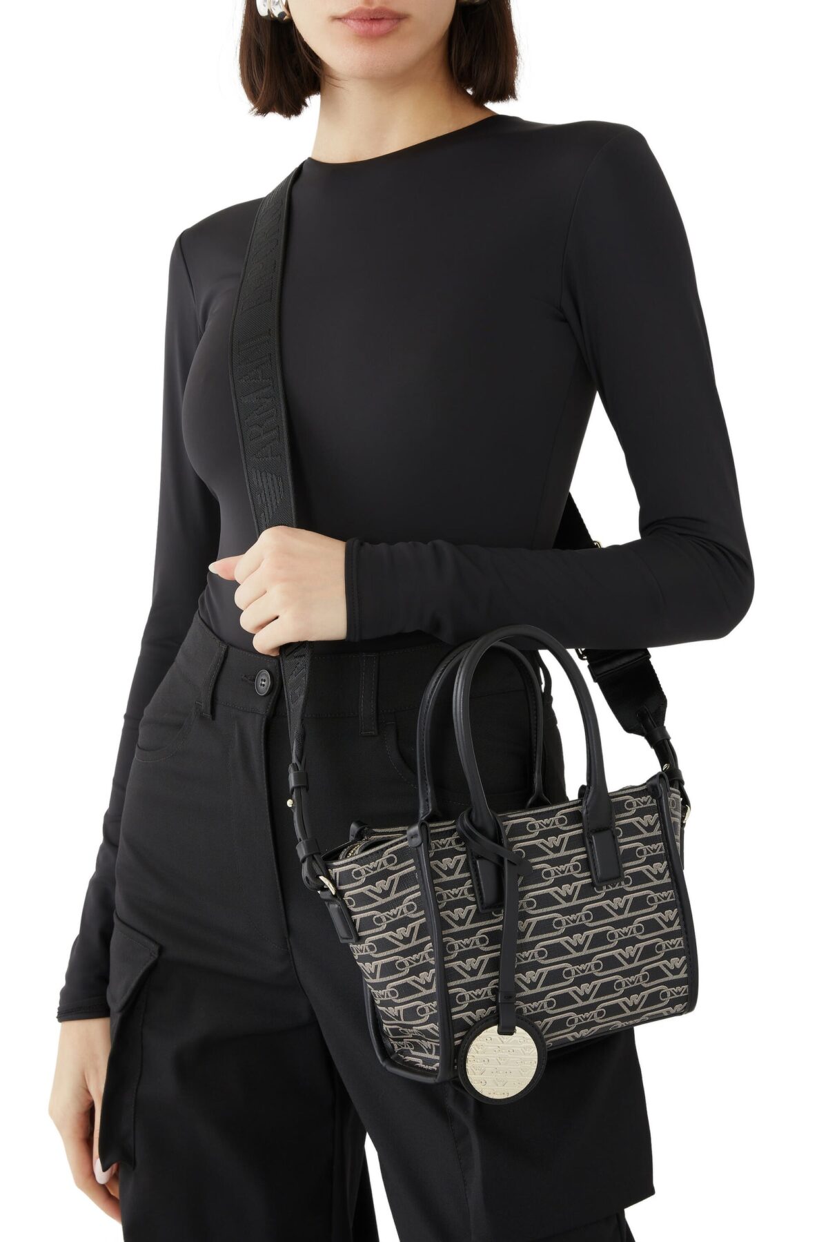 Emporio Armani Small All-Over Monogram Print Shopper Bag – Black Designer Tote