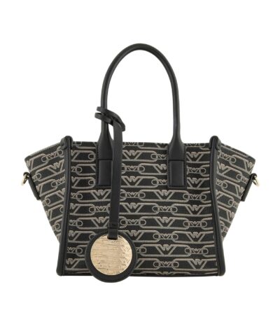 Emporio Armani Small All-Over Monogram Print Shopper Bag – Black Designer Tote