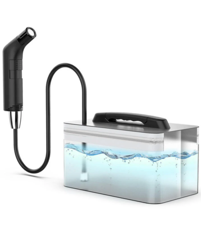 Black Voya Travel Compact Bidet Sprayer with a 2.3-litre water tank and hose.