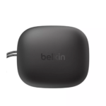 Belkin SoundForm Anywhere Earbuds in black show the slim charging case and key rings.