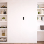 A vertical D152 smart touchscreen lock installed on a grey steel locker door.