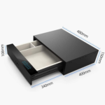 Internal smart safe drawer showing fingerprint scanner and digital keypad