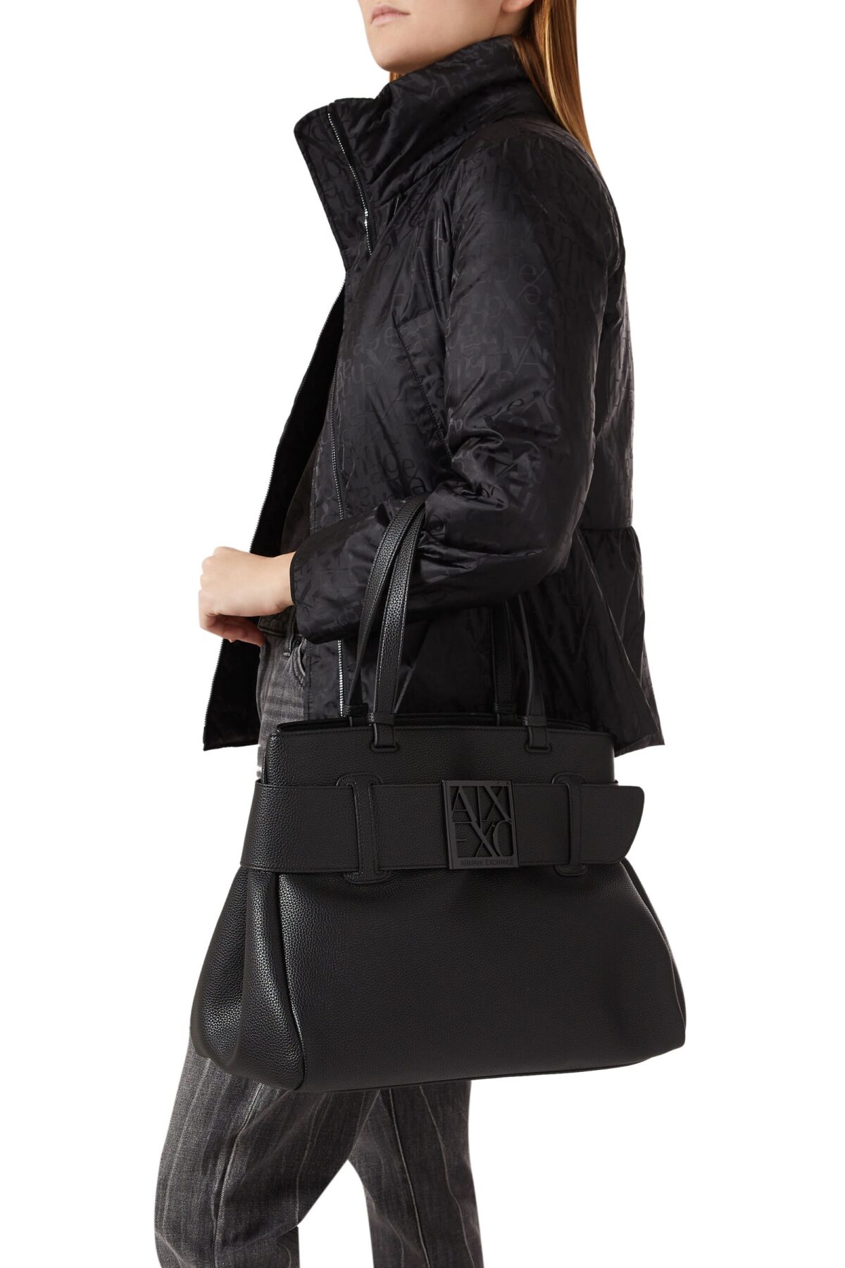 Armani Exchange ASV Logo Detail Large Shoulder Bag – Black Designer Satchel