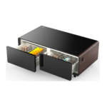 Wooden smart coffee table with open fridge drawers and LED lighting.