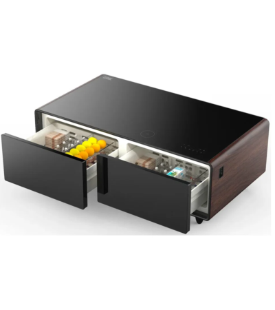 Wooden smart coffee table with open fridge drawers and LED lighting.