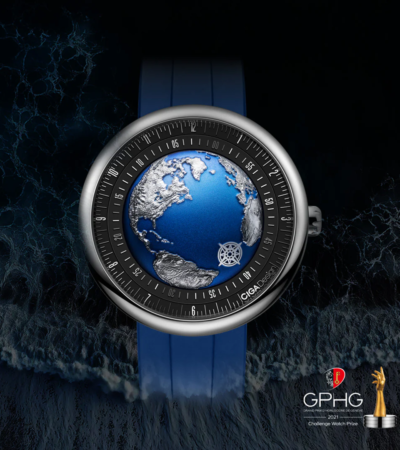 Blue Planet II Atlantic Ocean automatic watch with a recycled titanium case and a blue fluororubber strap.