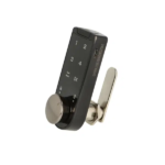 A vertical D152 smart touchscreen lock installed on a grey steel locker door.