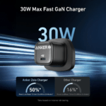 Anker 30W USB-C fast wall charger with 1m cable in black.