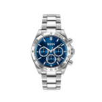 BOSS Men's Hero 2.0 watch featuring a dual-layered blue dial and stainless steel bracelet