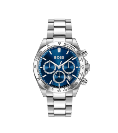 BOSS Men's Hero 2.0 watch featuring a dual-layered blue dial and stainless steel bracelet