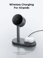 AUKEY Qi2.2 MagFusion 2-in-1 Magnetic Wireless Charger in Grey showing an iPhone and earbuds charging.