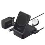 Anker MagGo 15W 3-in-1 Wireless Charger in black showing iPhone, Apple Watch, and AirPods charging simultaneously.