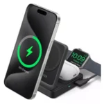 Anker MagGo 15W 3-in-1 Wireless Charger in black showing iPhone, Apple Watch, and AirPods charging simultaneously.